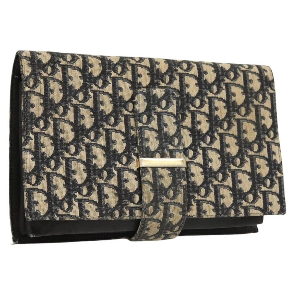 Christian Dior Trotter Canvas Clutch Bag Navy Gold Auth 118646